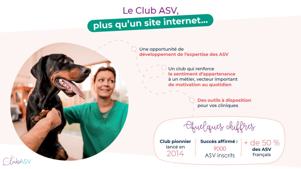 Bannière promotionnelle pour ClubASV comprenant une image d'un vétérinaire tenant un chien noir et une liste d'offres.