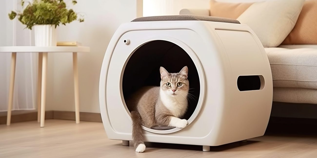 Un chat est assis dans un bac à litière moderne.