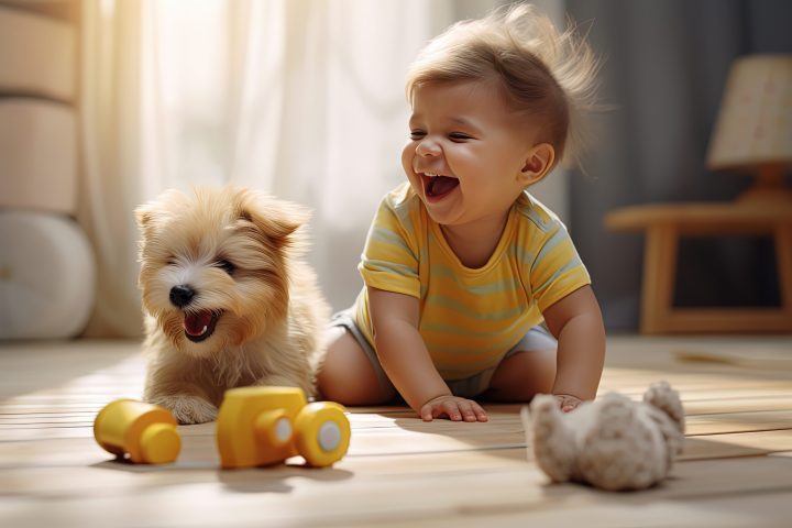 un enfant heureux joue avec un chien à la maison, meilleur ami